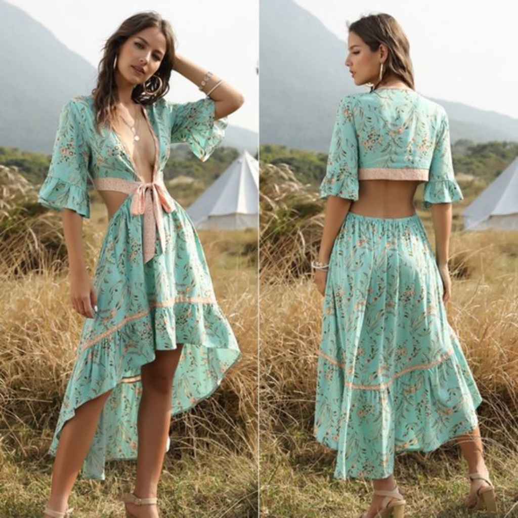 Boho Mint Floral Print Cut Out Plunging Neckline High Low Dress